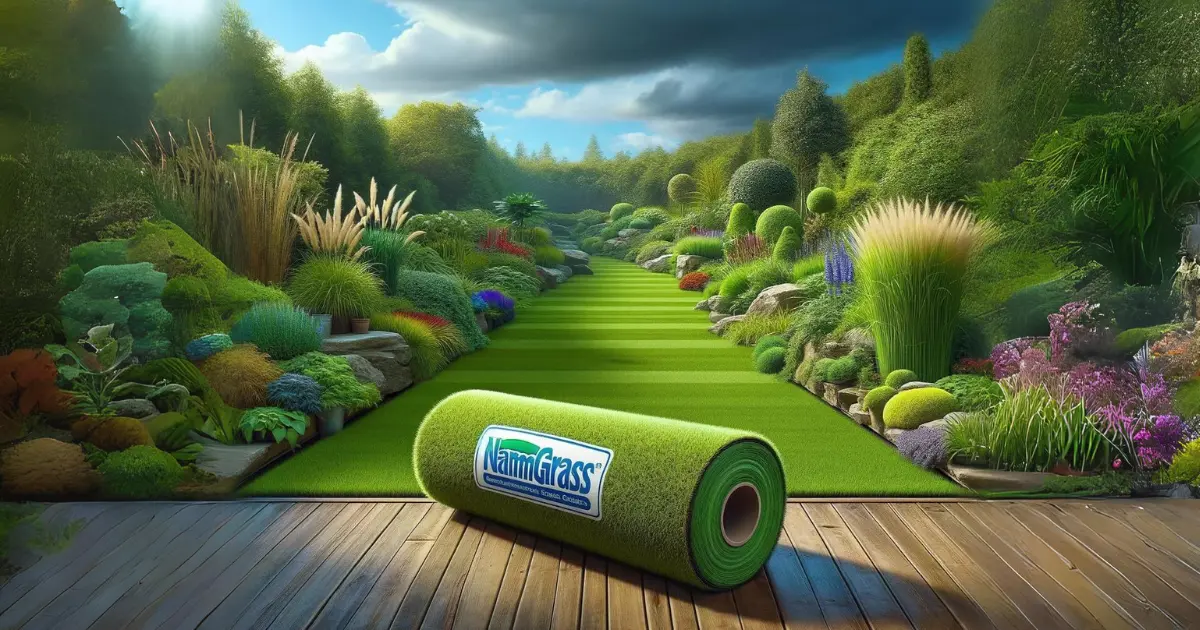 Panoramiczny widok ogrodu z różnorodnymi trawami ozdobnymi i zwiniętym rulonem sztucznej trawy Namgrass po lewej stronie, ilustrujący połączenie naturalnego piękna z praktycznością sztucznej zieleni dla zrównoważonego, niskopielęgnacyjnego projektowania ogrodu.