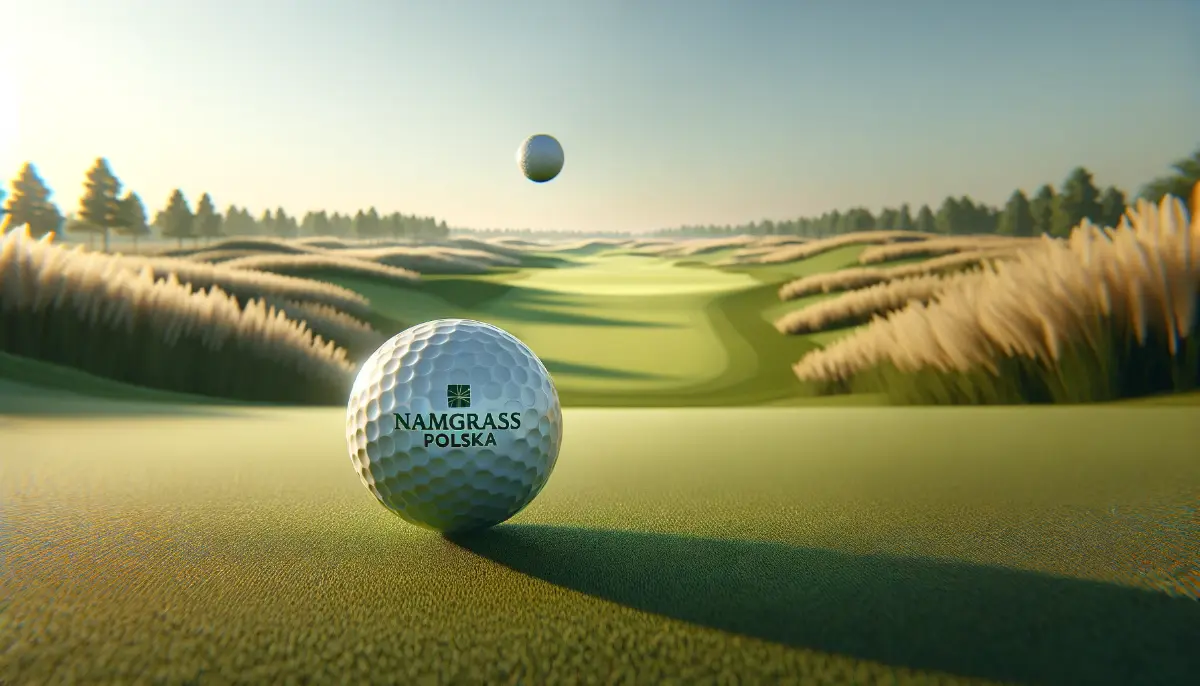 Fotorealistyczna piłka golfowa z napisem NAMGRASS POLSKA w locie nad polem golfowym podczas złotej godziny, ilustrująca dynamikę i precyzję w grze w golfa.