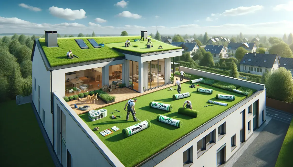 Instalacja sztucznej trawy Namgrass na dachu domu rodzinnego w pełnym słońcu, pokazująca pracowników układających zieloną trawę, z logo Namgrass na pierwszym planie, podkreślającą zobowiązanie do estetyki i trwałości.