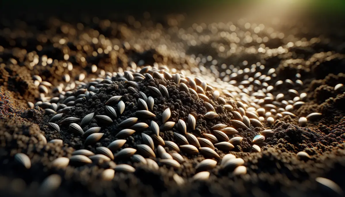 Zbliżenie na nasiona trawy nierównomiernie rozrzucone na ciemnej, żyznej glebie, oświetlone miękkim, naturalnym światłem, które podkreśla ich kształty i teksturę otaczającej ziemi.