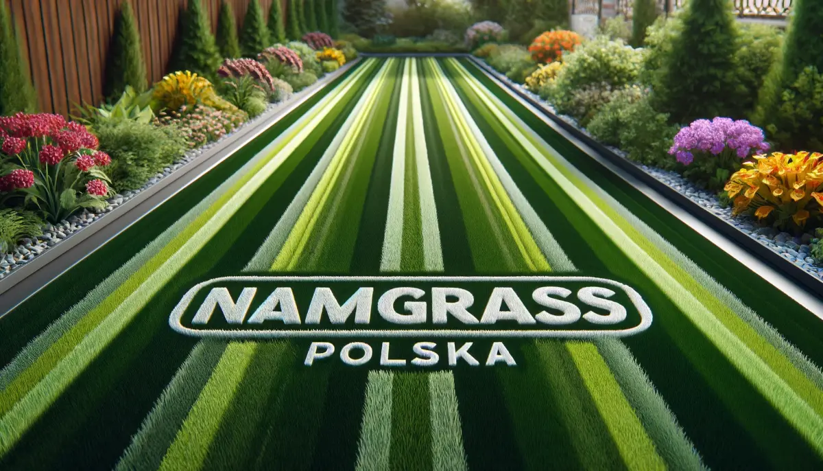 Widok z góry na trawnik w pasy, z subtelnym, przejrzystym logo 'Namgrass Polska' umieszczonym blisko trawy. Trawnika otaczają kwiatowe rabaty, dodając kolorowy akcent do zielonego, starannie przystrzyżonego trawnika.