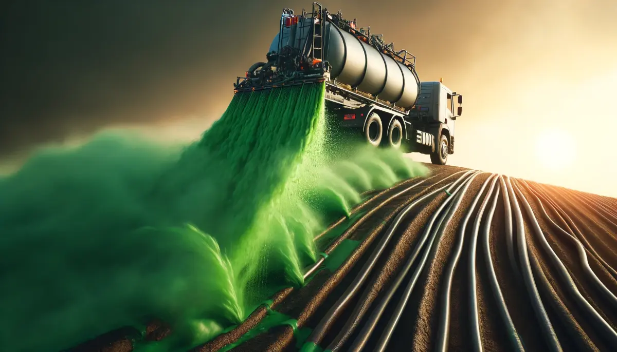 Proces hydroseedingu w akcji na dużym, nachylonym terenie bez roślinności. Ciężarówka hydroseedingu rozpyla zieloną mieszankę, tworząc kontrast z brązową ziemią, w tle zachodzące słońce podkreśla zielony spray.