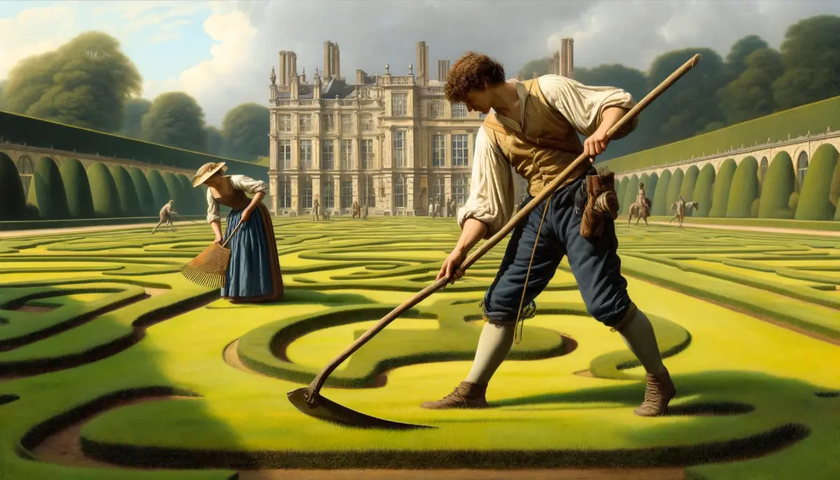 Grafika przedstawia dwóch ogrodników w XVII-wiecznej Anglii, zajmujących się pielęgnacją trawnika na terenie arystokratycznego majątku. Mężczyzna precyzyjnie przycina trawę przy użyciu ręcznej kosy, podczas gdy kobieta starannie grabi świeżo skoszoną trawę. W tle widoczna część okazałej rezydencji z bogato zdobionymi żywopłotami.