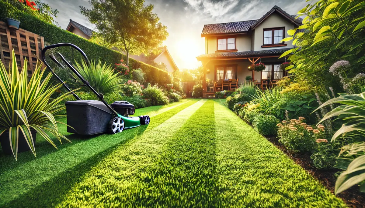 Lush green lawn in a backyard, freshly mowed with a low grass height, surrounded by a neat garden with various plants and flowers, and a well-maintained house in the background under a sunny sky.