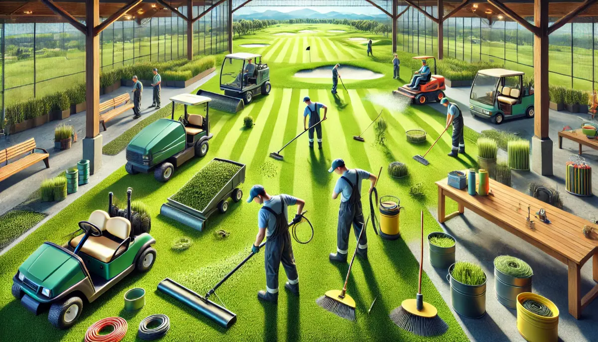 Ogrodnik i personel pielęgnujący sztuczną trawę na profesjonalnym polu golfowym, używający dmuchawy do liści i specjalistycznych szczotek do czyszczenia.