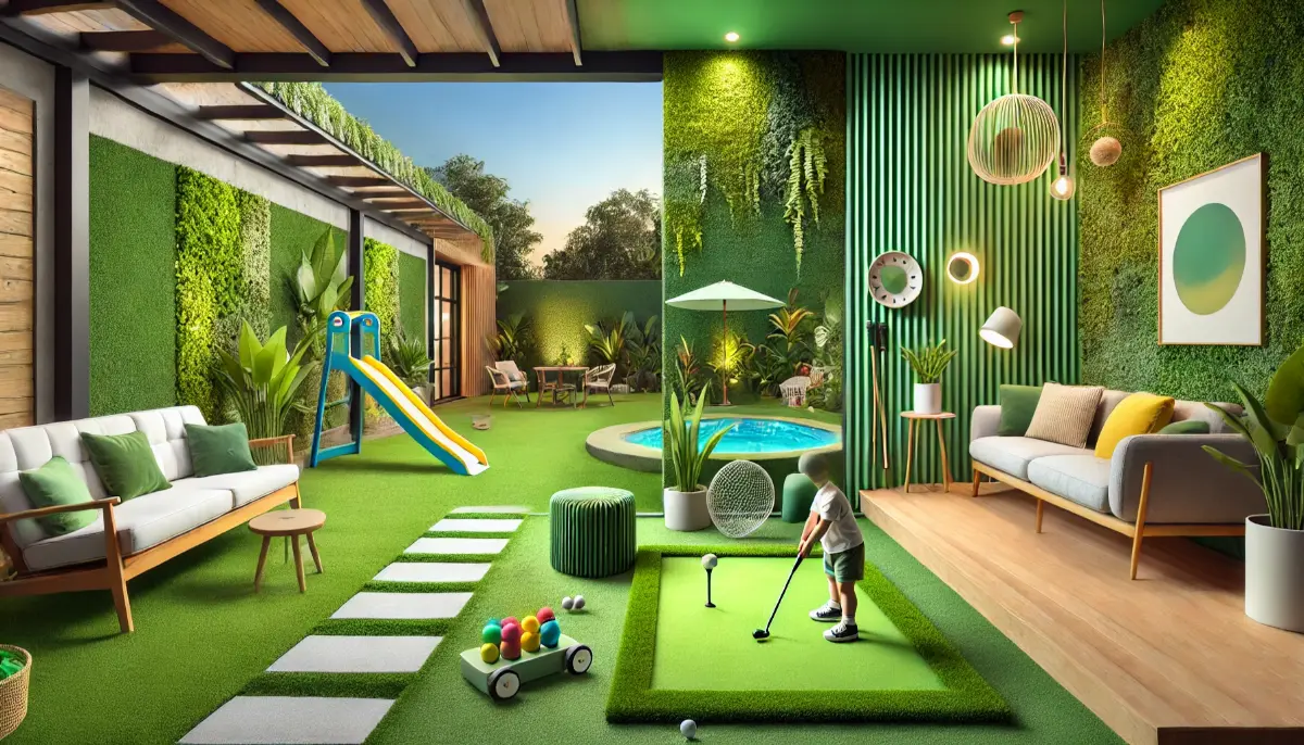 Kreatywne zastosowania sztucznej trawy w przestrzeni wewnętrznej i zewnętrznej, w tym zielony ogród, małe pole golfowe, plac zabaw oraz wnętrze z podłogą i meblami pokrytymi trawą.