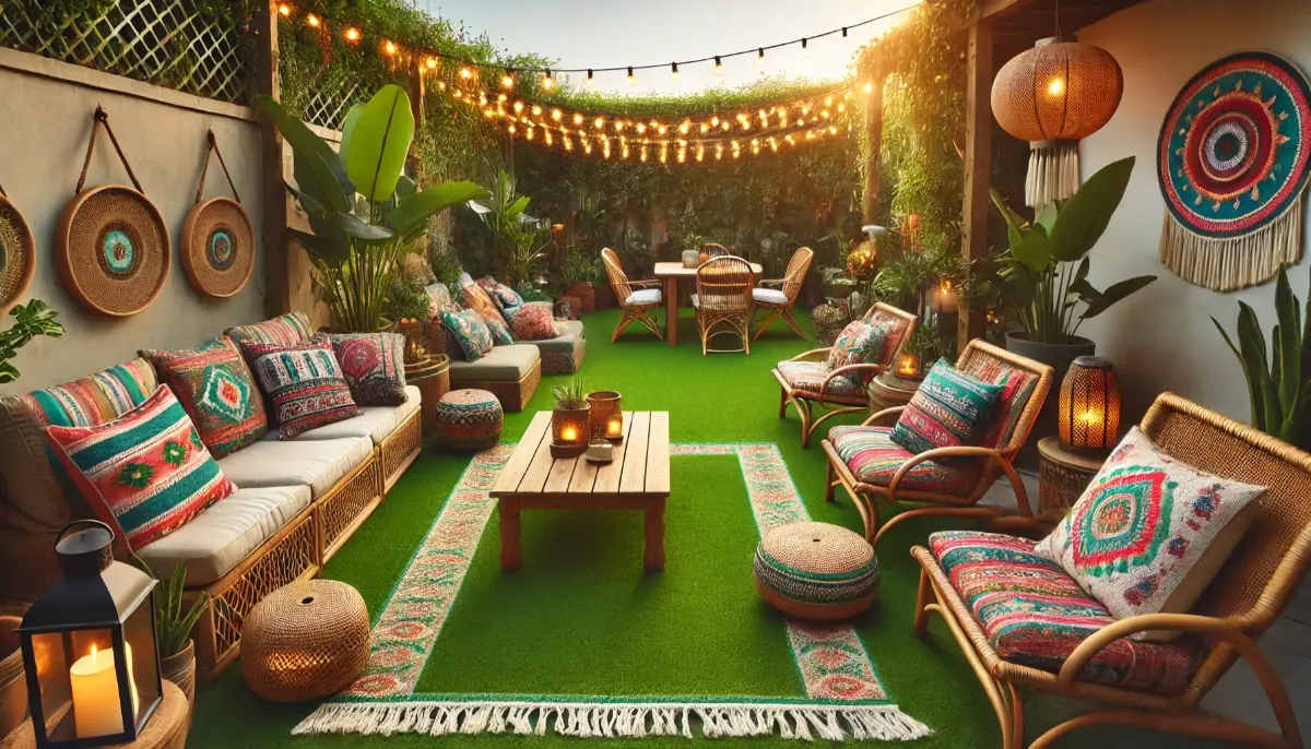 Stylowe patio w stylu boho z zielonym sztucznym trawnikiem, drewnianymi meblami, etnicznymi poduszkami i ciepłym oświetleniem lampek LED.