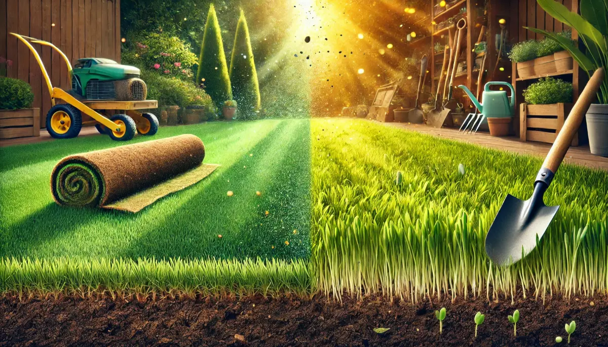 Porównanie trawnika z rolki z idealnie gęstą trawą i trawnika z siewu z młodymi kiełkami trawy w ogrodzie.