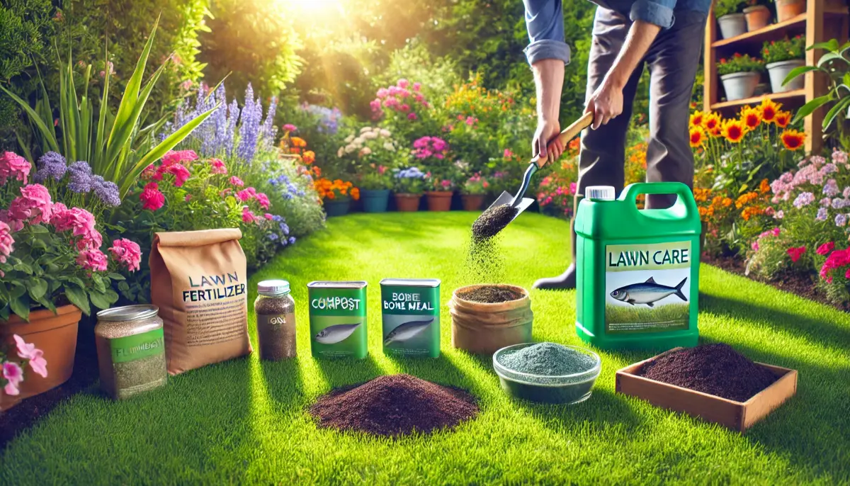 Gęsto zielony trawnik nawożony naturalnymi nawozami, takimi jak kompost, mączka kostna i emulsja rybna; ogrodnik rozprowadza nawóz w otoczeniu kwitnących kwiatów i promieni słonecznych.