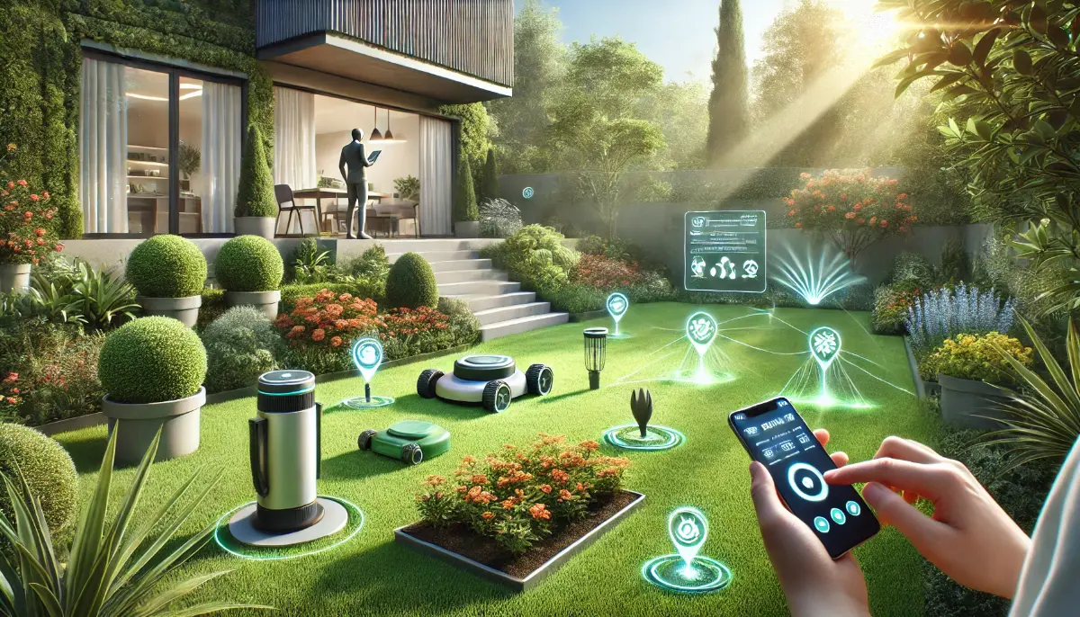 Futurystyczny ogród z trawnikiem pielęgnowanym przez robot koszący, inteligentny system nawadniania oraz czujniki wilgotności gleby, z nowoczesnym domem w tle.