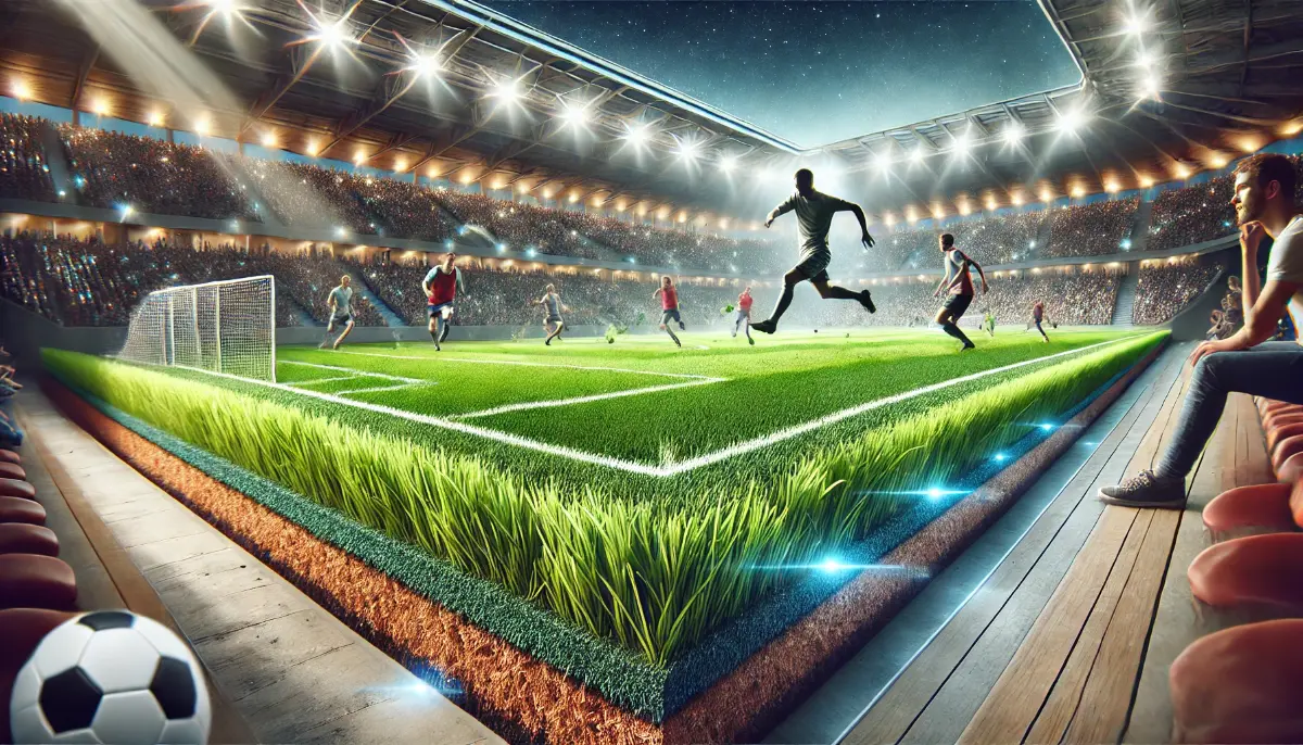 Piłkarze w akcji na hybrydowej murawie sportowej. Widoczne połączenie naturalnej trawy i syntetycznych włókien w dynamicznej scenie na tle stadionu.