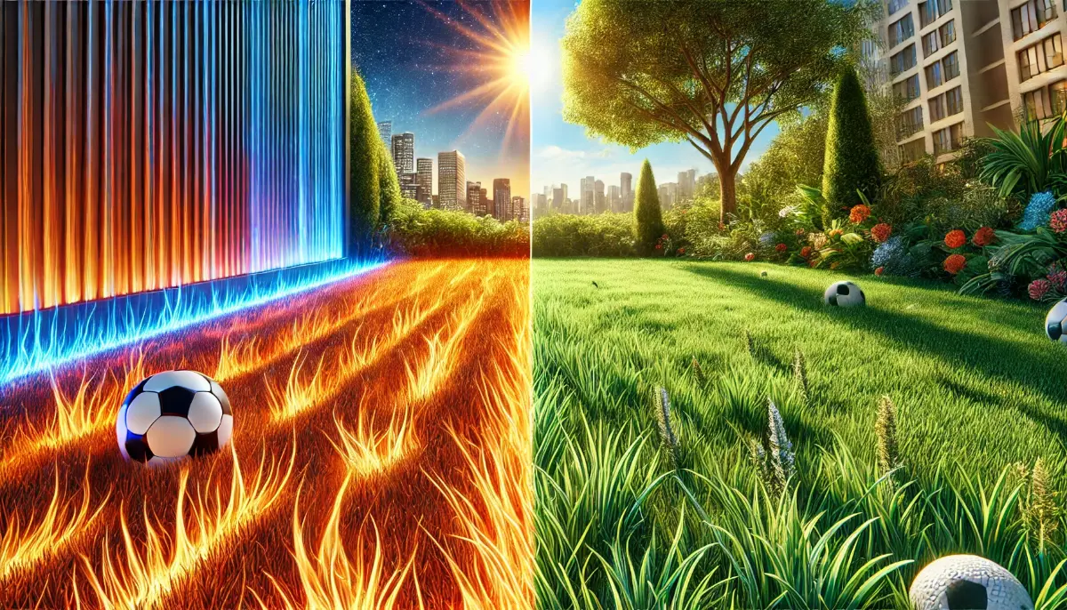 Kontrastowa grafika ukazująca sztuczną trawę w upalnym miejskim otoczeniu z widocznymi falami ciepła oraz naturalną trawę w cieniu drzewa w chłodnym, zielonym krajobrazie.