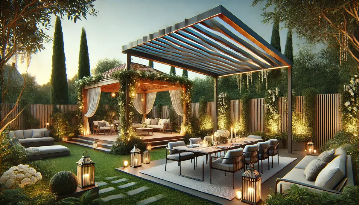 Nowoczesna pergola z regulowanym dachem i LED-owym oświetleniem oraz altana z drewnianymi elementami w otoczeniu bujnej zieleni, zaaranżowane jako przestrzeń do relaksu i spotkań w ogrodzie.