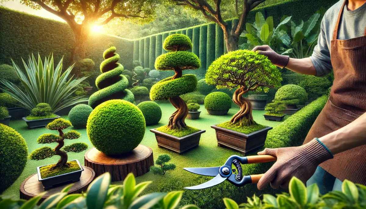 Zdjęcie przedstawiające przycinanie i formowanie krzewów ozdobnych w ogrodzie, w tym topiary i bonsai. Widoczne są narzędzia ogrodnicze, a w tle zadbany żywopłot i drewniane stojaki z miniaturowymi drzewkami.