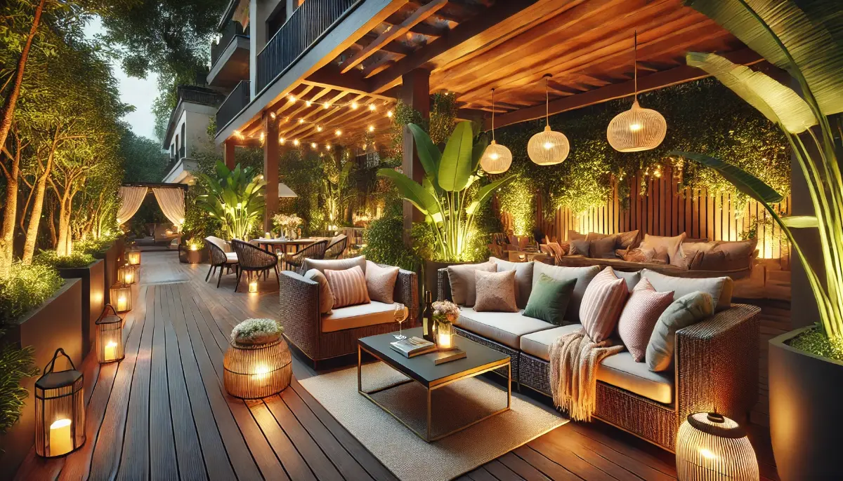 Stylowy taras lounge z rattanowymi meblami, girlandami świetlnymi i roślinnością, tworzący przytulną atmosferę na wieczorne spotkania.
