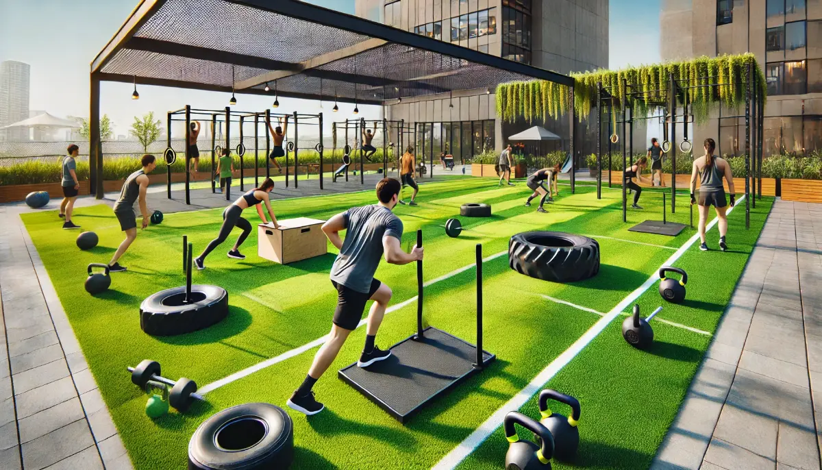 Siłownia plenerowa do treningu CrossFit, pokryta sztuczną trawą, z ludźmi wykonującymi ćwiczenia siłowe i wytrzymałościowe na świeżym powietrzu.