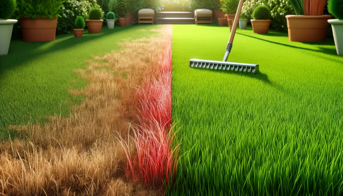Zestawienie dwóch rodzajów trawnika – po jednej stronie trawa naturalna z objawami czerwonej nitkowatości, a po drugiej stronie soczyście zielona sztuczna trawa Namgrass. Obraz symbolizuje wybór między chorobami a bezproblemowym trawnikiem.