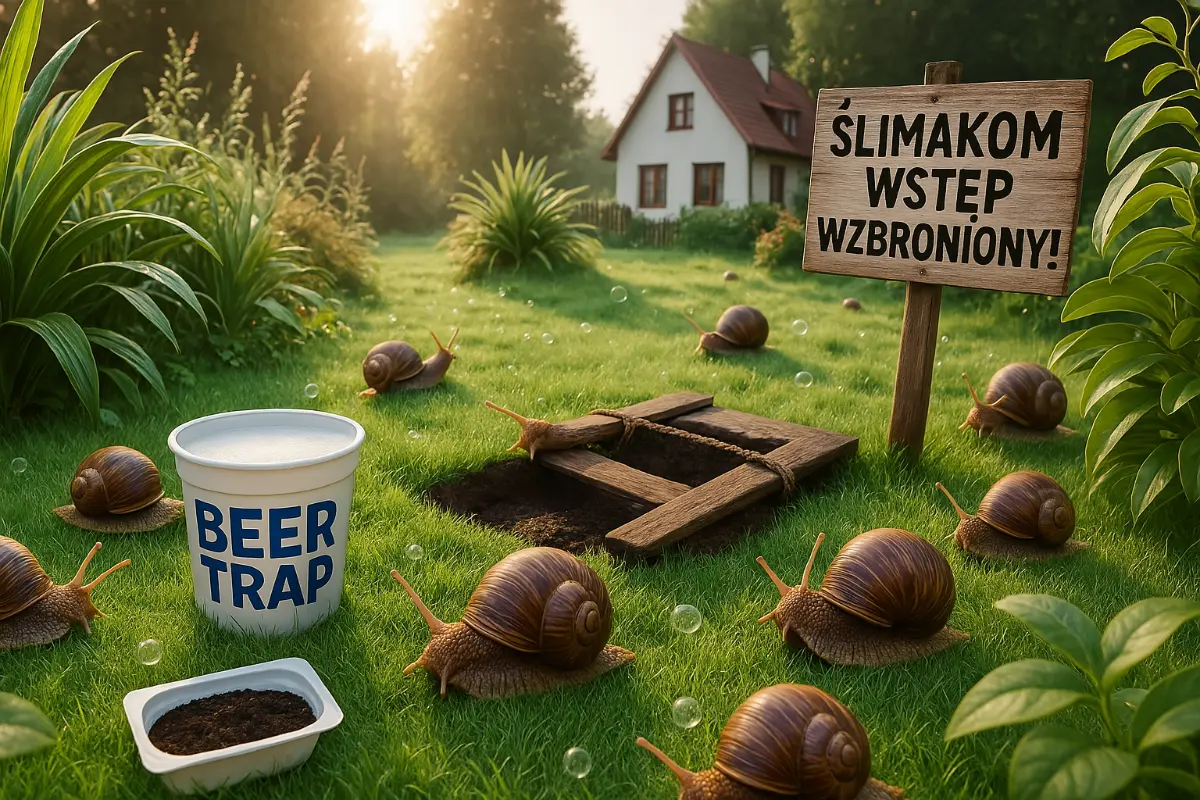 Pułapka na ślimaki z piwem i tabliczka z napisem „Ślimakom wstęp wzbroniony” na tle zielonego ogrodu z domem w tle