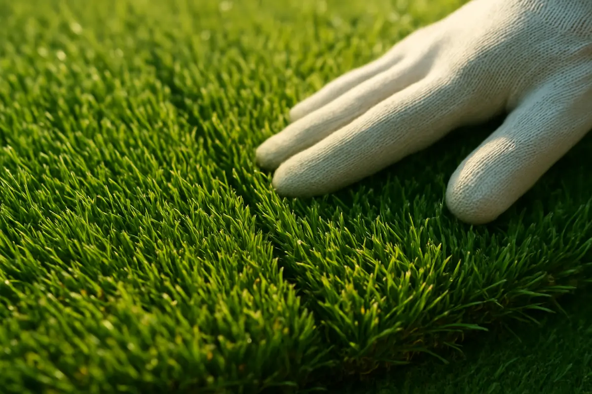Zbliżenie na połączenie dwóch pasów sztucznej trawy bez widocznej spoiny; włókna przenikają się perfekcyjnie, oświetlone miękkim, porannym światłem.