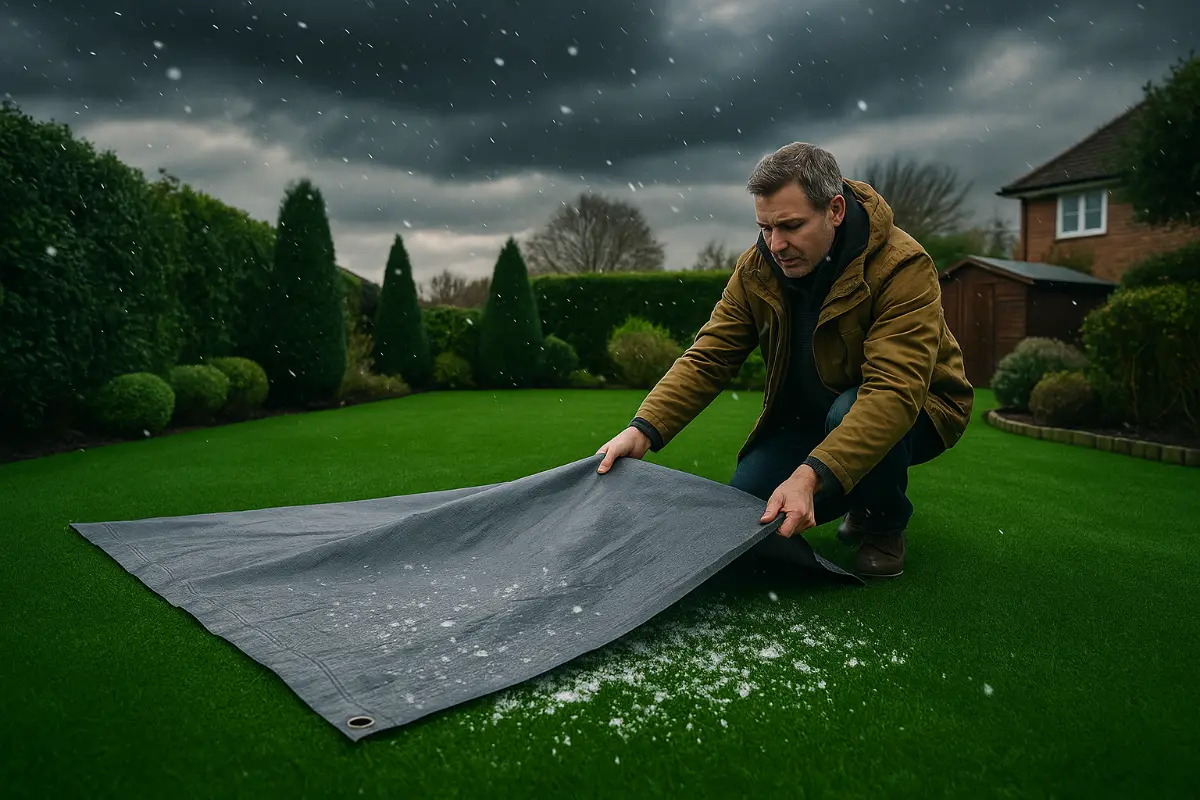 Mężczyzna rozkłada plandekę ochronną na sztucznej trawie w ogrodzie, przygotowując nawierzchnię na zimę – w tle chmury i padający śnieg.