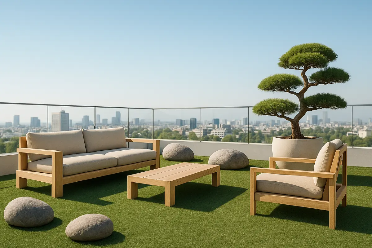 Minimalistyczny taras na dachu w stylu Japandi z realistyczną sztuczną trawą, drewnianymi meblami i bonsai w ceramicznej donicy, na tle panoramy miasta.