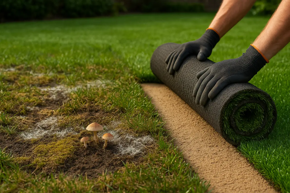 Fragment ogrodu z chorym trawnikiem porośniętym grzybnią i grzybami, obok którego rozwijana jest rolka sztucznej trawy na piaskowym podłożu przez ogrodnika w rękawicach.