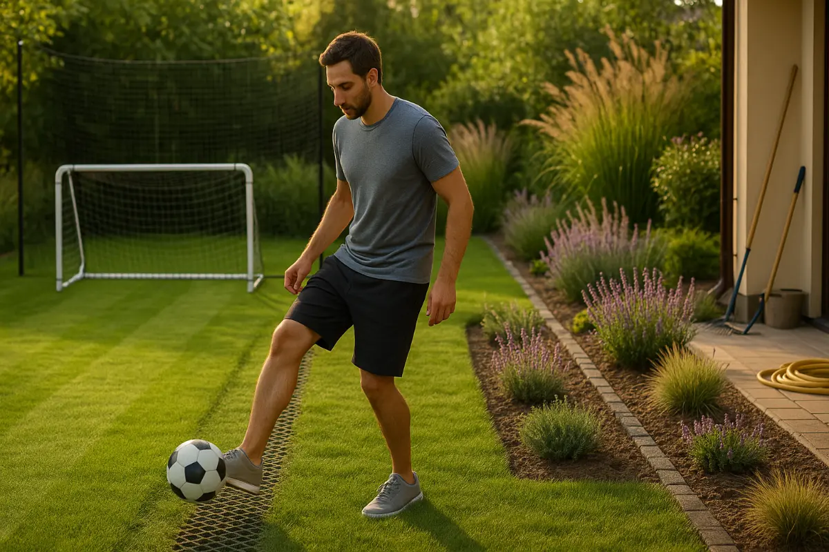Mężczyzna kontroluje piłkę na wąskim pasie z kratki trawnikowej w przydomowym ogrodzie; w tle bramka, rabaty i taras – połączenie sportu i estetyki.