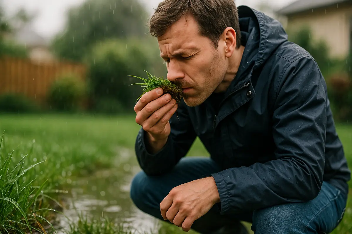 Mężczyzna klęczy na mokrym trawniku i wącha wyjętą kępę darni podczas deszczu, obrazując nieprzyjemny zapach powodowany mikroflorą gleby i geosminą.