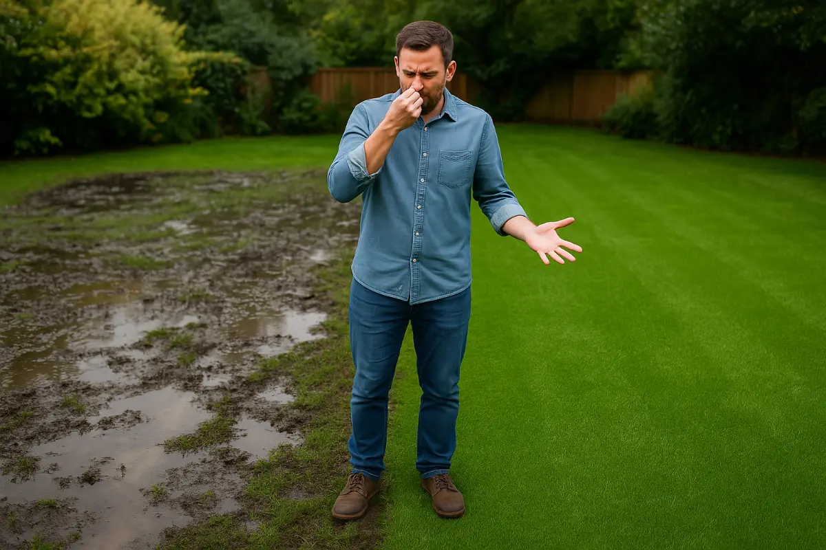 Mężczyzna w ogrodzie zatyka nos, stojąc między błotnistą, śmierdzącą ziemią a idealnie zieloną sztuczną trawą Namgrass.