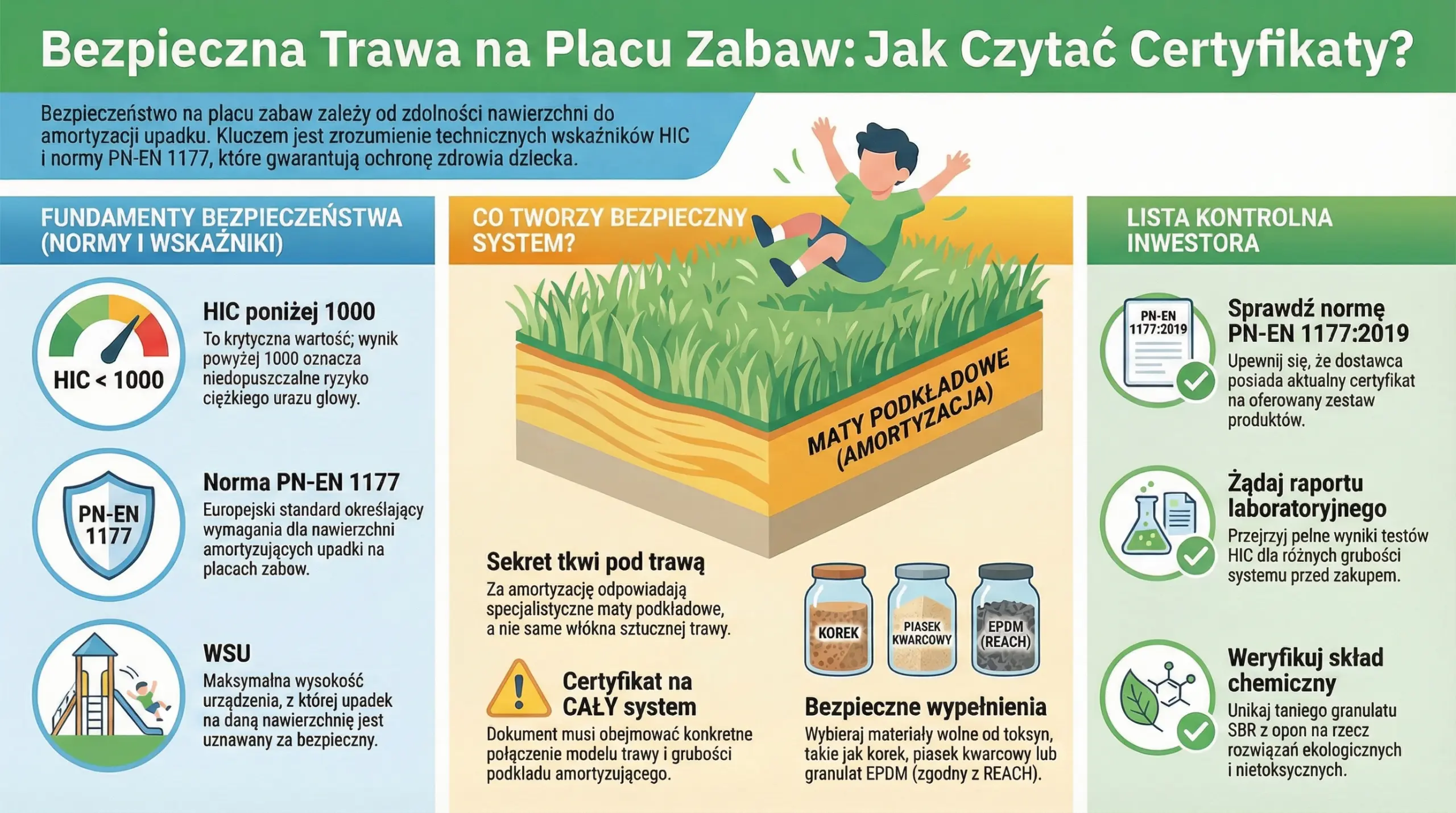 Infografika pokazująca normy bezpieczeństwa trawy na placu zabaw, wskaźnik HIC poniżej 1000, normę PN-EN 1177, WSU oraz budowę systemu nawierzchni amortyzującej upadki