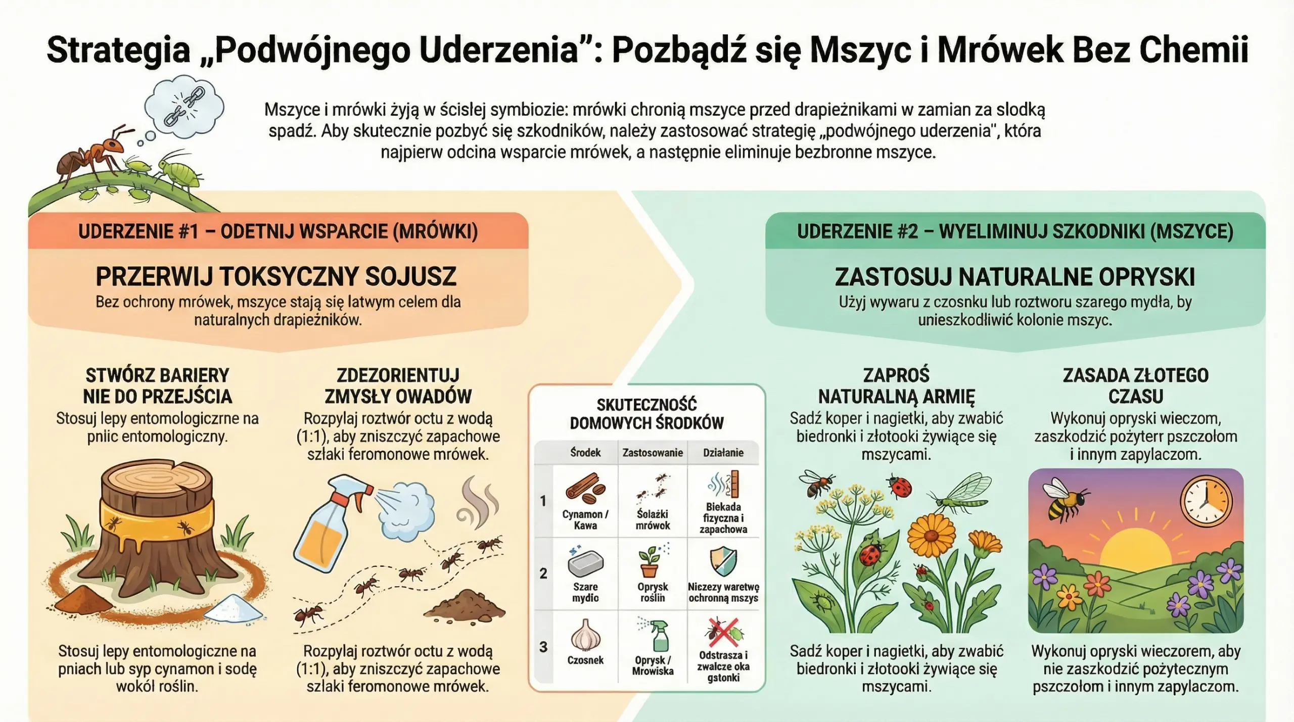Infografika pokazująca strategię podwójnego uderzenia przeciw mrówkom i mszycom w ogrodzie z użyciem naturalnych metod bez chemii