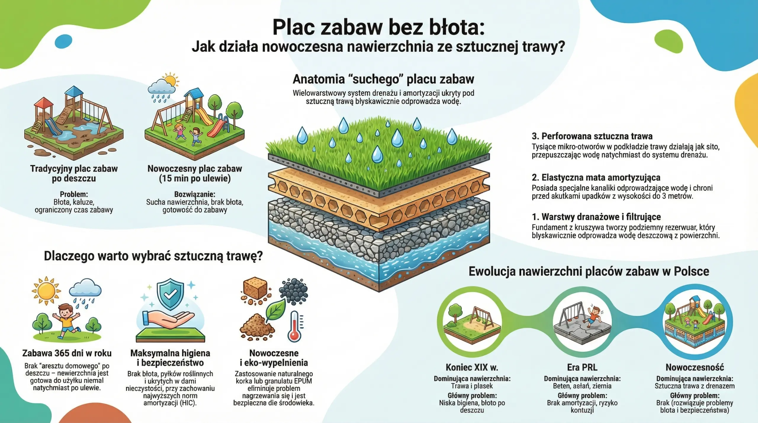 Infografika pokazująca budowę placu zabaw bez błota – warstwy drenażu, mata amortyzująca i sztuczna trawa odprowadzająca wodę po deszczu