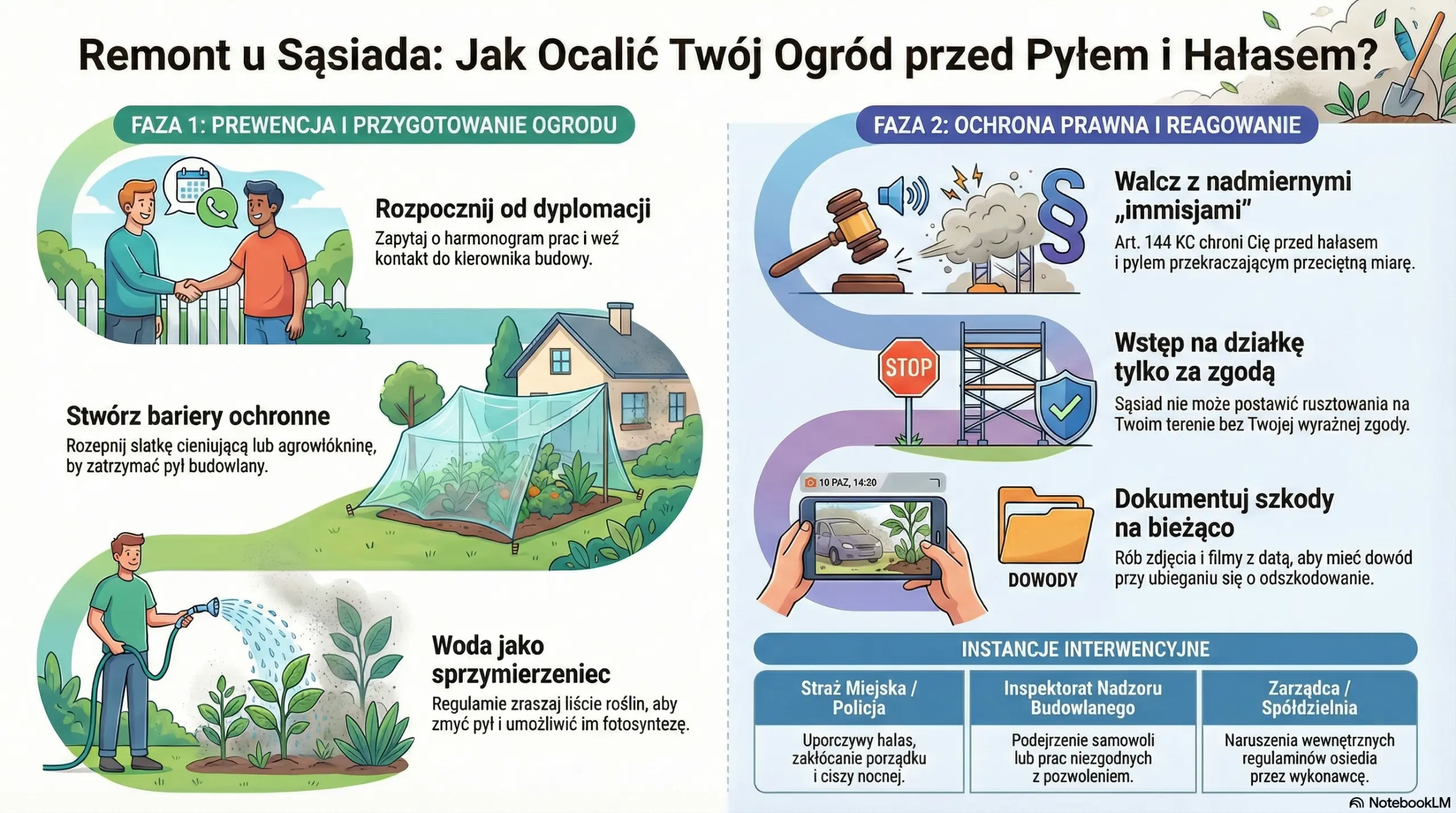 Infografika wyjaśniająca jak chronić ogród przed pyłem i hałasem z remontu u sąsiada, obejmująca działania prewencyjne, ochronę roślin oraz podstawy prawne