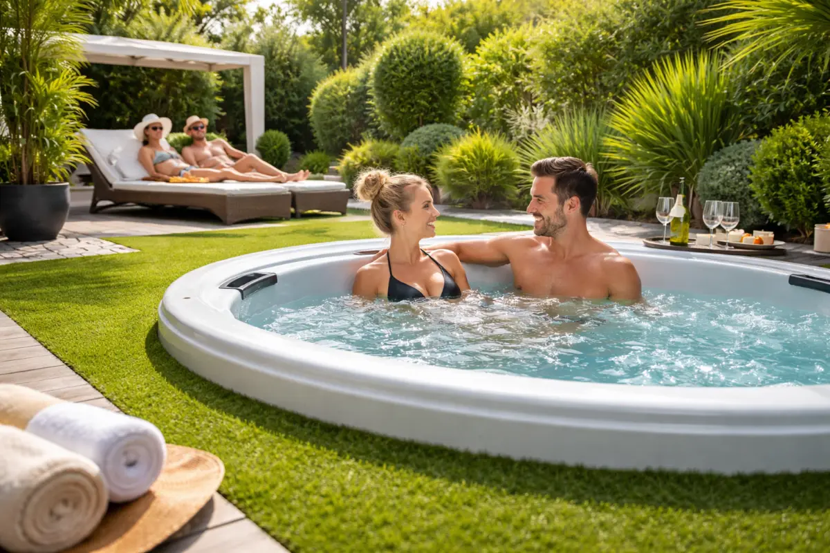 Para relaksująca się w jacuzzi w ogrodzie z nawierzchnią ze sztucznej trawy odpornej na wodę i chemię basenową