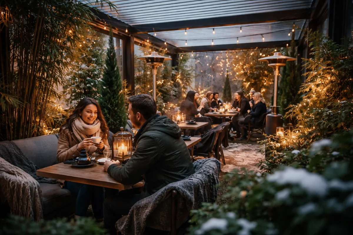 Całoroczny ogródek gastronomiczny zimą z pergolą i ogrzewaniem goście restauracja