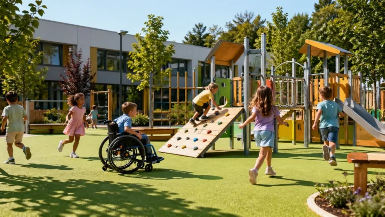 Inkluzywny plac zabaw w przedszkolu z nawierzchnią z syntetycznej trawy dostępną dla dzieci na wózkach inwalidzkich i ze spektrum autyzmu