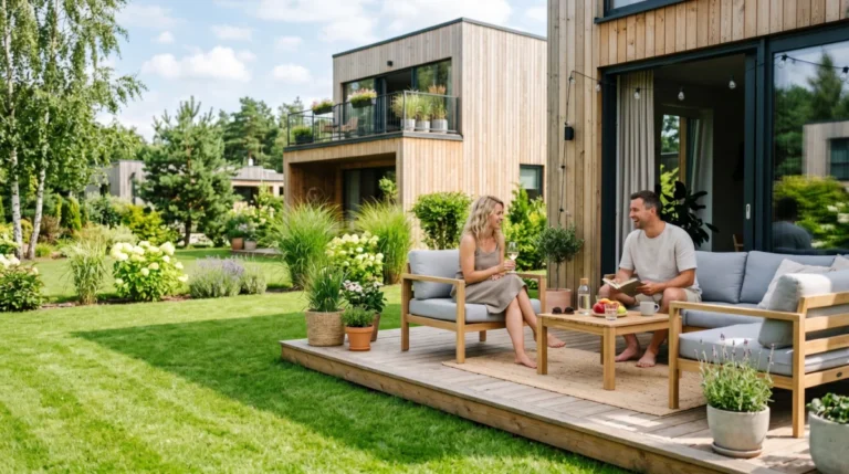 Ogród ze sztuczną trawą przy nowoczesnym apartamencie na wynajem krótkoterminowy Airbnb