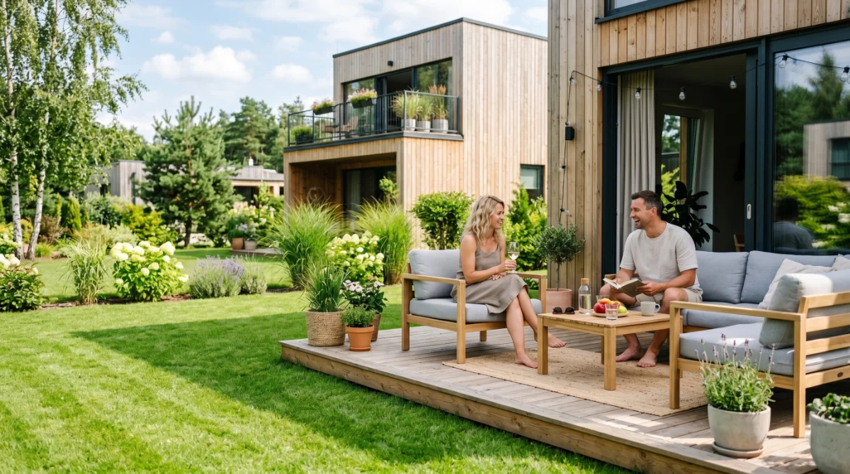 Ogród ze sztuczną trawą przy nowoczesnym apartamencie na wynajem krótkoterminowy Airbnb