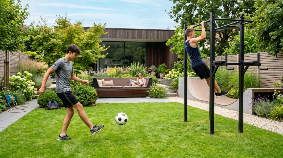 Strefa aktywności dla nastolatka w ogrodzie z zestawem do street workout i nawierzchnią z sztucznej trawy Namgrass