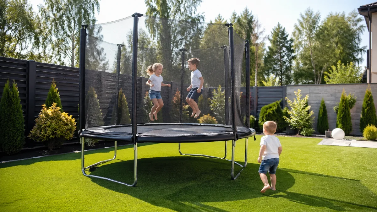 Trampolina ogrodowa otoczona sztuczną trawą — bezpieczna nawierzchnia amortyzująca w strefie zabawy dzieci
