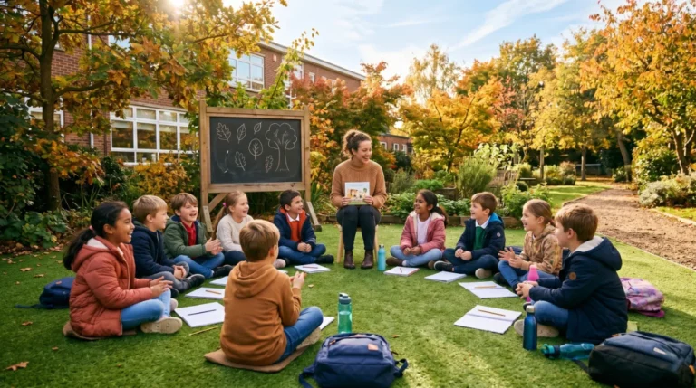Dzieci siedzące na sztucznej trawie podczas outdoor learning w szkolnym ogrodzie