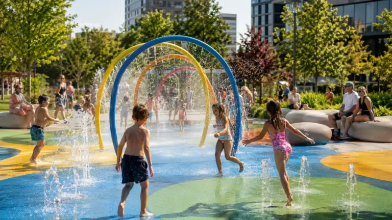 Miejski wodny plac zabaw (splash park) z antypoślizgową nawierzchnią w strefie zraszania i strefą odpoczynku z trawą