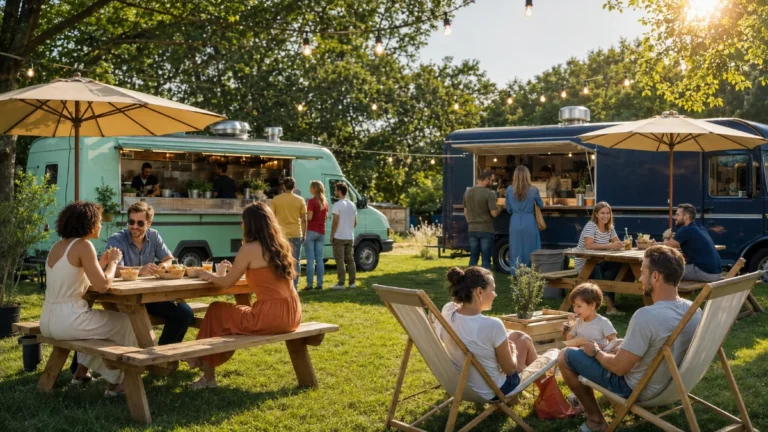 Nawierzchnia food truck park — goście przy stolikach na sztucznej trawie w strefie street food