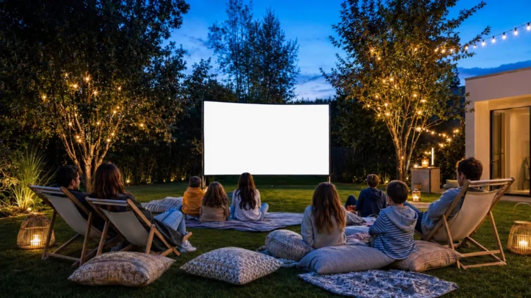 Kino plenerowe w ogrodzie — widzowie na kocach przed ekranem projekcyjnym o zmierzchu