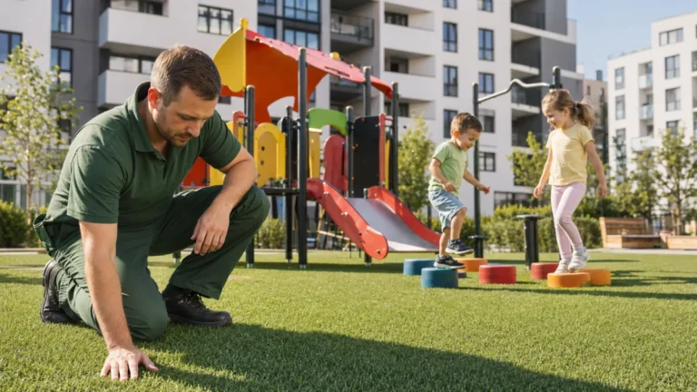 Wandaloodporny plac zabaw z bezpieczną nawierzchnią ze sztucznej trawy i urządzeniami odpornymi na dewastację