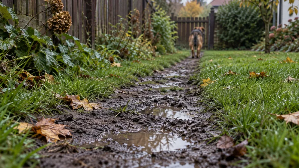 Błotnista ścieżka wydeptana przez psa wzdłuż ogrodzenia w jesiennym ogrodzie, obok zielony trawnik z liśćmi