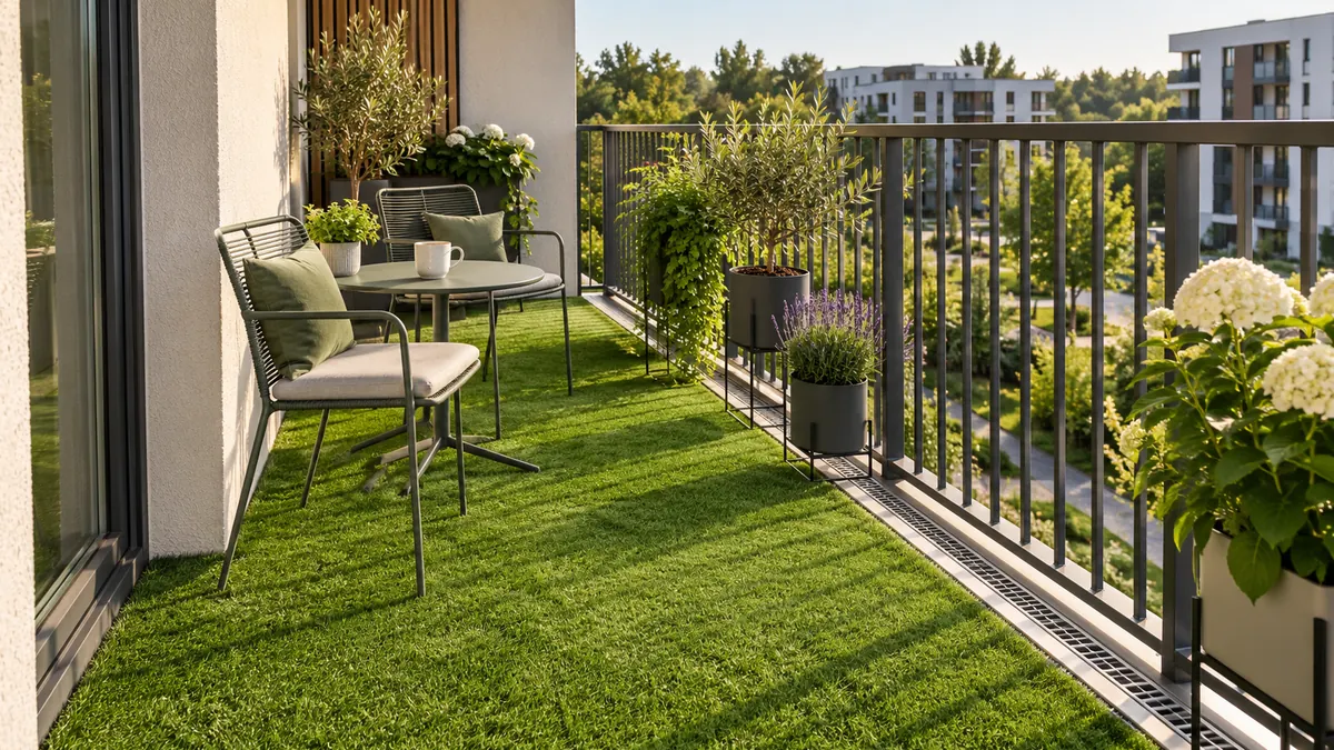 Balkon wyłożony niską zieloną sztuczną trawą, ze stolikiem, krzesłami i donicami przy balustradzie